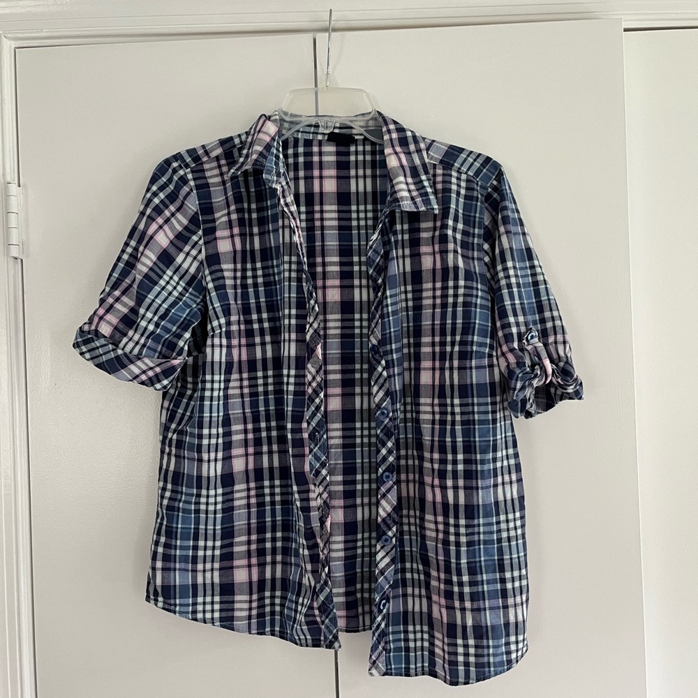 Basic Editions Navy, Light Blue & Pink Plaid Button-Up Shirt